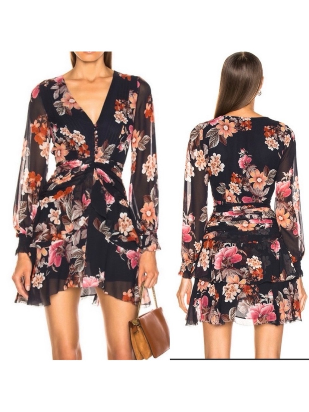 Nicholas Rust Floral Pintuck Silk Chiffon Mini Dress: Navy Blue